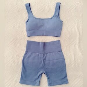 Women 2 Piece Seamless Ribbed High Waist Biker Shorts & Sports Bra Exercise Set